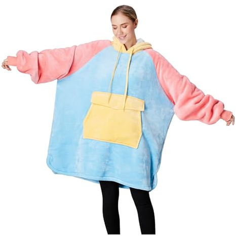Qeils Oversized Wearable Blanket Hoodie, Comfy Sherpa Sweatshirt Pullover Jacket(Pink-Blue,Adult)