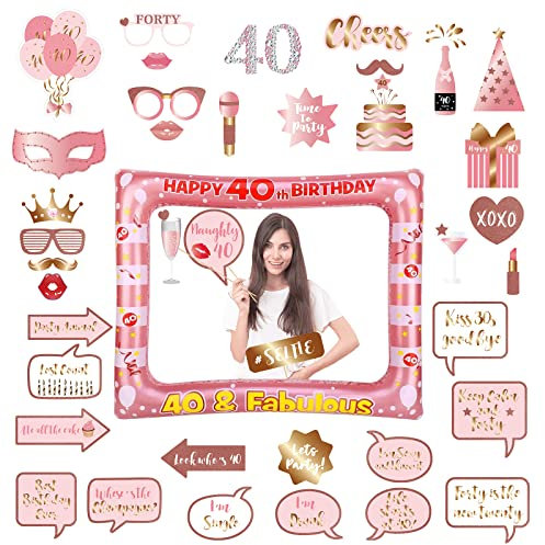 Decoraciones de cumpleaños número 40 para mujeres y hombres, marco inflable para selfies de oro rosa y 38 piezas de accesorios para cabina de fotos de 40 cumpleaños, marco inflable gigante para cabina