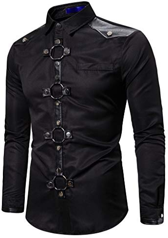 Men's Steampunk Shirt with Lapels, Medieval Long Sleeve T-Shirts, Gothic Top for Men Solid Color Retro Leather Patchwork Blouse with Buttons for Renaissance Cosplay Halloween Victorian Tunic