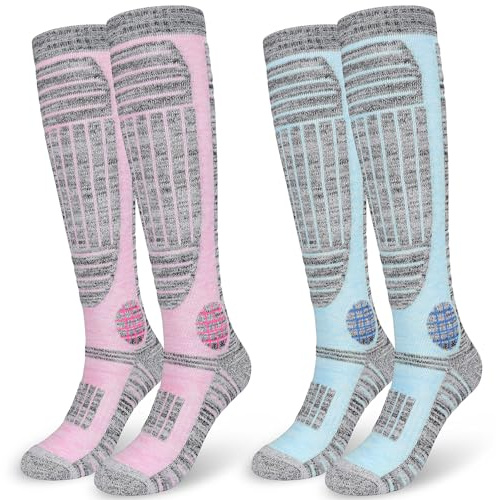 KOOOGEAR Calcetines de esquí para mujer, hasta la rodilla, térmicos, gruesos, cálidos, largos, atléticos, para niñas, mujeres, esquí, senderismo, equitación, Rosa y azul., 3-7