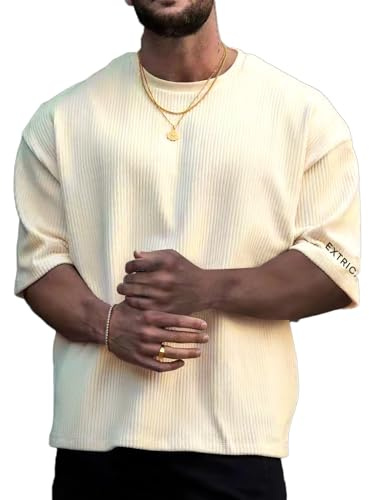 Verdusa Oversized Tshirts for Men Drop Shoulder Summer Baggy Cropped Tops Fashion Streetwear T Shirts Beige Large