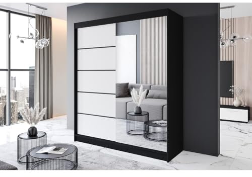 Easy4You P3 180 cm Schwarz/Weiß Schiebetüren Kleiderschrank 180x215x58 cm mit Spiegel - Schlafzimmermöbel, Aufbewahrung - Mehrzweckschrank