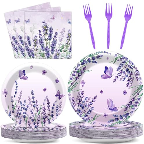 96 Pcs Purple Party Supplies Lavender Paper Plates Napkins Watercolor Floral Cake Dessert Tableware Set Butterfly Dinnerware for Spring Summer Birthday Party Shower Decoration Serve 24