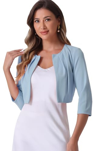 Allegra K Donna Top con Coprispalle con Maniche A 3/4 per Cardigan Corto Aperto sul Davanti con Pieghe Senza Colletto Azzurro L