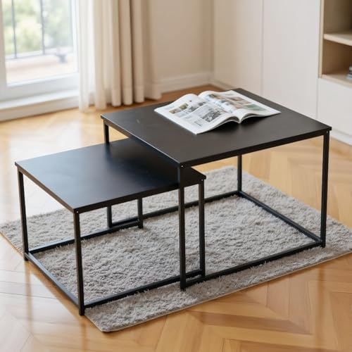 BIGTREE Couchtisch, Beistelltisch 2er Set, Moderne Wohnzimmertisch Größe:60x60x50cm, 50x50x40cm, Quadratisch Satztisch aus Holz mit Metallgestell für Wohnzimmer Balkon Büro