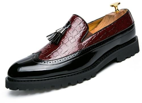 ANUFER Uomo Bello Mocassini con Nappe Wingtip Brogue Slip-on Formali Scarpe da Sera SD5A50227 Borgogna EU42