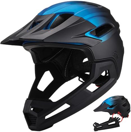 Mountainbike-Helm für Erwachsene, atmungsaktiv, stoßfest, PC-Integralhelm mit abnehmbarem Kinnhalter, Verstellbarer Unisex-Kopfschutz in Schwarz und Blau für Radfahren im Freien