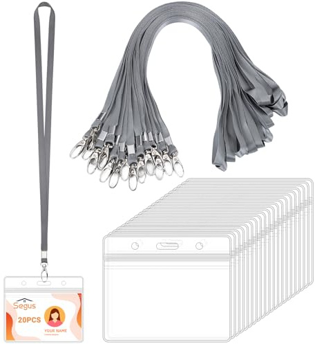 Segus Tarjetero Colgante, 20 Piezas Lanyard con Portatarjetas Identificación, Funda Tarjeta, Transparente e Impermeable, para Oficina, Escuela, Festival, Evento (Gris Oscuro, Horizontal)