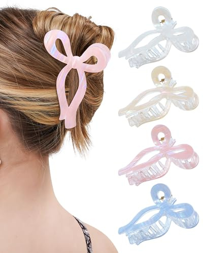 Mesovor 4 Pack Elegant Bow Hair Claw Clips, Nonslip 4.3 Large Hair Grip Hairclips for Thin and Thick | Acrylic Hair Strong Hold Hair Jaw Clamps (Mermaid Stripes)