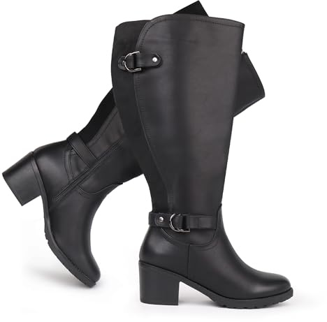 Chicblooms Stivali da equitazione da donna con gambale ampio e tacco alto al ginocchio, cerniera laterale e tacco a blocco, Nero , 41 EU