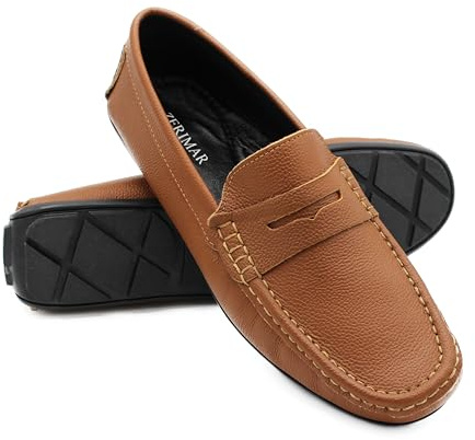 Zerimar mocasín clásico de Antifaz en Cuero de Vacuno, fabricación artesana, diseño práctico y Elegante, Zapato cómodo con Acabado Premium Camel Talla 40