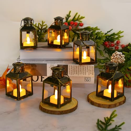 INDARUN Gold Candle Lantern Christmas Halloween Wedding Decor - 6Pcs Small Decorative LED Lantern Hanging Candles for Table Decoration Moroccan Ramadan