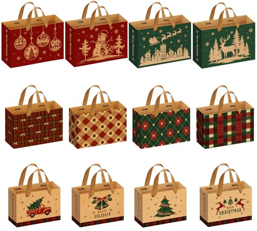 WUQNGI 12 Pièces Sac Cadeau Noel, Grand Moyen Petit Format Kraft Pochette Cadeau, Papier Sachet Cadeaux Noel avec Poignée, Kit Sacs Emballage Noël pour Enfant (33x23x11cm/28x20x10/23x18x9cm)