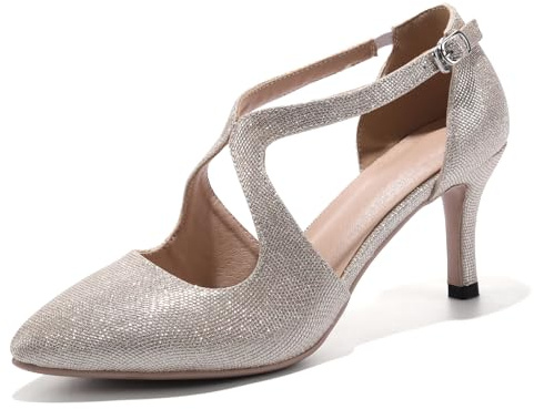HIPPOSEUS Escarpins Femme à Bout Pointu Sexy Chaussures Talon Aiguille avec Bride Cheville pour Fête Mariage Soirée ou Sortie Habillée,Or Clair,40 EU