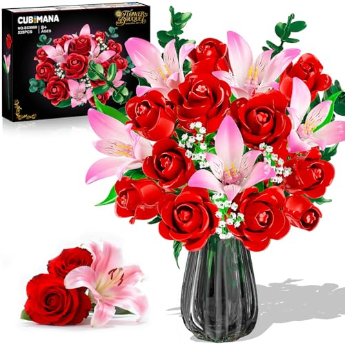 CUBIMANA Flowers Bouquet Building Set with LED Light - Easter Red Rose with Pink Alstroemeria 22 Artificial Flower Botanical Collection, Home Plant Decor Gifts for Her Adults Women Mom Kids 12+