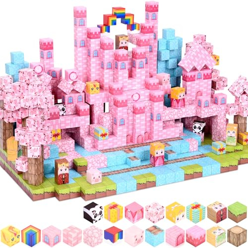 160PCS Magnetic Building Blocks, Castle Building Set Birthday Easter Gifts Princess Toys for Girls Toddlers Children, Build Pink Castle & Pincess Tile Construction Toy for Kid Girl Boys 3 4-8 5-7 8-12