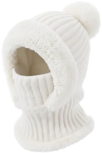 DRESHOW Vintermössa med Halsvärmare för Kvinnor Stickad Balaclava-huva Vindskyddad Balaclava med Pompom för Vinteraktiviteter Utomhus