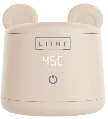 LIINI® BASIC Flaschenwärmer mit Akku, 45W, beige – 4 Stufen 37/40/45/50°C, Akku 9.000 mAh, unterwegs & zuhause, USB-C, Staubschutz im Bärenohren-Look, BPA-frei, CE/RoHS