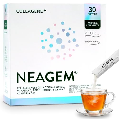 Neagem Collagene in polvere in bustina, 30 dosi con 5g di Collagene Verisol®, 240mg di Acido Ialuronico, Vitamina C, Zinco, Biotina, Selenio, Coenzima Q10, anti-age per pelle, unghie e capelli