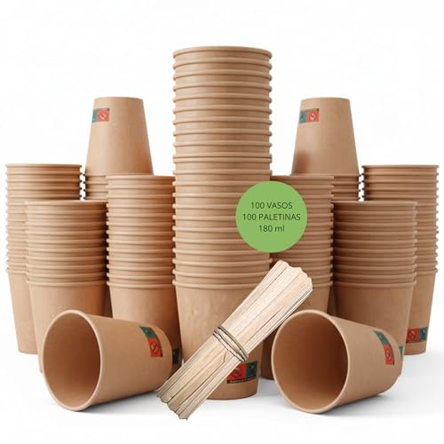 GASTROTOMI Vasos Cafe de 180 ml, con Paletinas Cafe Desechables de Madera – 100 Unidades Vasos Desechables para Espresso, Degustaciones y Oficina – Vasos Carton Kraft – Pack de 100 o 200