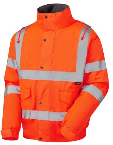 MyShoeStore Hi Vis Bomber Jacket High Viz Visibility Workwear Safety Security Concealed Hood Fluorescent Flashing Hooded Padded Waterproof Work Wear Coat (Orange,S)