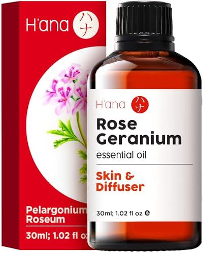 H'ana Rose Geranium Essential Oil - 1.02 Fl Oz - for Hair, Skin, Diffuser, Aromatherapy, DIY Candle & Soap Making