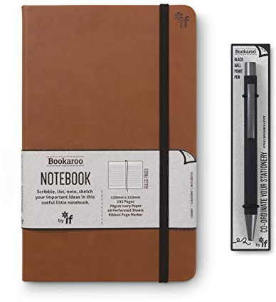IF Bookaroo Lot de 192 cahiers lignés classiques avec fermeture élastique noire contrastée, ruban et stylo, couverture rigide en polyuréthane souple, format A5 21,5 x 13,5 cm, 192 pages