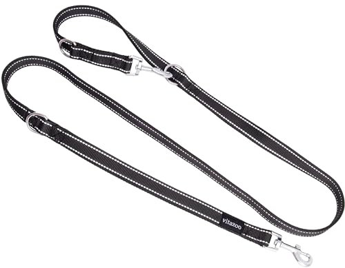 vitazoo Hundeleine in Schwarz Reflektierend 2mx2,5cm, fest und in 3 Längen verstellbar - geeignet für große und kräftige Hunde - Hundeleine, Doppelleine
