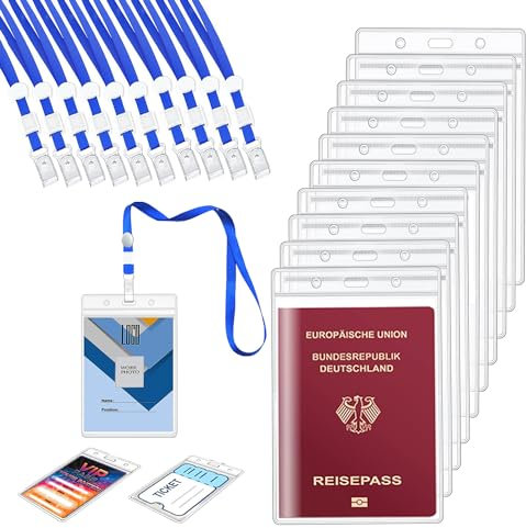 AZWOOD A6 Ausweishalter mit Umhängeband, 10 Stück 11x16 cm Transparente PVC ID Kartenhalter 10 Stück Band, Wasserdicht Ausweishülle Vertikal für Studenten Mitabeiter Business Ausstellung