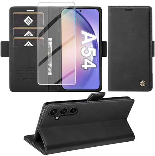 Handyhülle für Samsung Galaxy A54 5G Hülle mit Schutzfolie, Standfunktion Kartenfach Wallet Premium Leder Schutzhülle A54 5G Flip Case Cover Stoßfeste Klapphülle A54 5G 6.4 Zoll (Schwarz)
