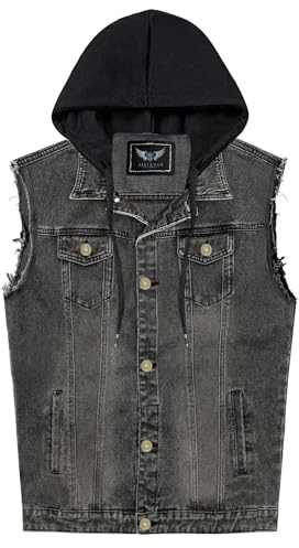 RongYue Men's Denim Vest Casual Button Stretchy Distressed Jean Sleeveless Jacket with Hood, Grey, X-Large