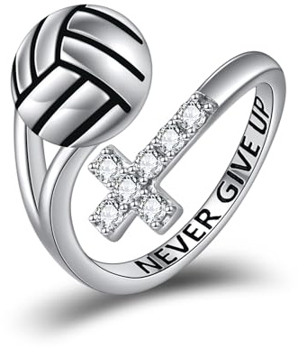 YFN Anillos de voleibol de plata de ley 925 Cruz ajustable anillo nunca abandonar joyas amantes del voleibol regalos para damas jugadores de voleibol