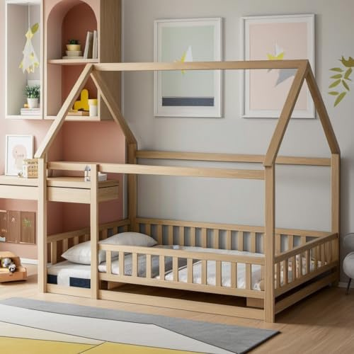 PVWIIK Full Size Montessori Floor Bed with Roof and Fence Guardrails for Boys Girls Bedroom,Full Size Floor Wood Bed,No Box Spring Needed, Natural