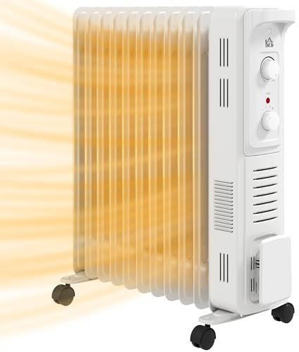 HOMCOM 2500W Quiet Oil Filled Radiator, 11 Fin Energy Efficient Portable Electric Heater with 3 Heat Settings, Adjustable Thermostat, Safety Tip Over, Overheat Protection, for Home, White