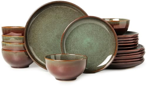 Pokini Stoneware Dinnerware Sets for 6, 18 Pieces Ceramic Plates and Bowls Sets, Chip and Scratch Resistant Dish Set, Dishwasher & Microwave Safe Plate Set, Brown Green