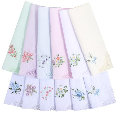 12 pañuelos de algodón suave para mujer, pañuelos bordados para mujer, pañuelos vintage de encaje floral, lavable a máquina, pañuelo para sudar, para mujer, boda, fiesta, 12 unidades