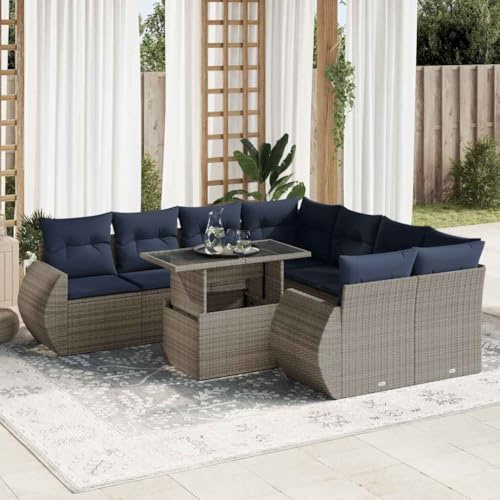 Qnhdfrt Set di 9 divani da giardino, grigio con cuscino, in polietilene, in rattan, pieghevole, per terrazza, balcone, giardino