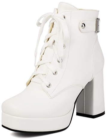 Bviennic Bottines Femme Talon Bloc Hauts avec Plateforme Mode Bout Carré Lacets Robe Bottines 2591 Blanc Taille 43 EU/45Cn