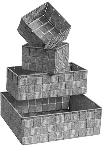TIENDA EURASIA – Set de 4 Cestas Organizadoras | Medidas 28x28x10 cm 26x13x9 cm y 2 de 13x13x9 cm | Material Tela y Fibra Sintética Trenzada | Forma Rectangular y Cuadrado (Gris)