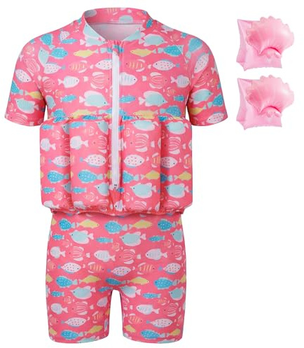 Summshall Toddler Swimsuit with Floatation, Baby Boys Girls Floating Bathing Suit Front Zipper Floatie Swim Suit for Summer Beach Pink White