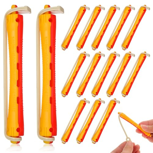 DIYEAH Lot de 24 Bigoudis Permanents avec Élastique, Bigoudis Spiralés en Plastique Creux, Kit Coiffure pour Cheveux, Couleurs Rouge et Jaune, Adaptés Usage Domicile et Salon de Beauté