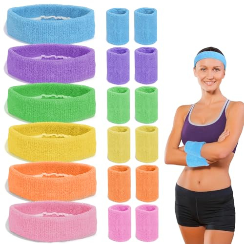 18 Stück Schweißband Set Neon 80er, 6 Farben Schweissbänder mit 12 Handgelenk Schweißband, Stirnband 80er Jahre Herren Damen für Basketball Tennis Fitnessstudio 90er Thema Party Karneval (Farbe)