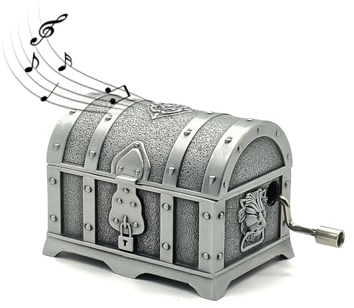 Faglonic Carillon a manovella, scatola vintage in lega di metallo goffrata, suona Davy Jones, regalo a forma di forziere del tesoro, per donne e uomini.
