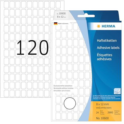 HERMA 10600 Vielzweck-Etiketten ablösbar, 2880 Stück, 8 x 12 mm, 120 pro Bogen, selbstklebend, Haushaltsetiketten zum Beschriften, matt, blanko Papier Klebeetiketten Aufkleber, weiß