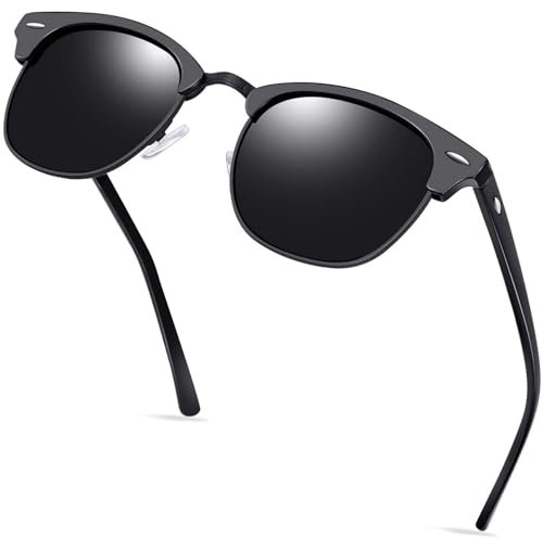 KANASTAL Halbrahmen Sonnenbrille Herren und Damen Klassische Retro Polarisiert Halbrand Sonnenbrille UV400 Schutz mit Metallrahmen, Matt Schwarz Rahmen Schwarz Gläser