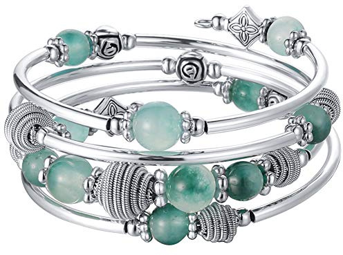 BULINLIN Turquoise Beaded Chakra Bangle Bracelet, Silver Layered Jewellery Wrap Bracelet with Natural Stone Birthday Gift for Women(Jade)