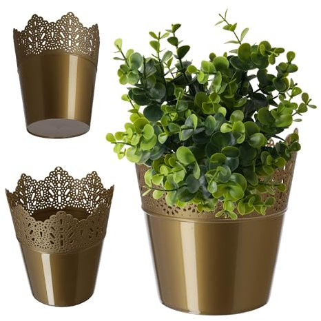 KADAX Spitzen-Blumentopf aus Kunststoff, 9 Farben, Blumentopf mit Spitzenmotiv, Blumentopfschutz für Büro, Topf, Gartenschale, Blumenkübel, Übertopf (⌀ 16,5cm, Niedrig, Gold)