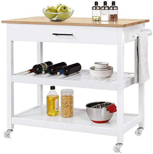 Yaheetech Plan de Travail Desserte sur roulettes Meuble de Cuisine 101 x 51 x 92 cm 2 Roues avec Frein 1 Tiroir 2 Étagères Blanc