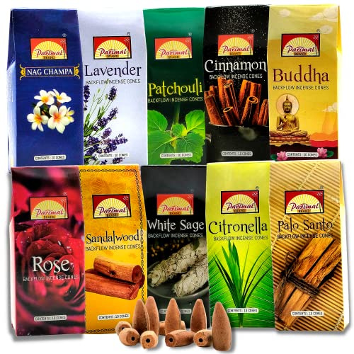 Backflow Incense Cones for Waterfall - [Improved] (10 Variants,100 Cones) Dragons Blood Incense, Lavender Incense Cone, Nag Champa Palo Santo Cones | Creates Meditative Waterfall Fountain