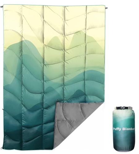 Outdoor Puffy Camping Blanket, Lightweight Down Alternative Puffy Printed Camping Large Ultra Warm Hammock Top Quilt Waterproof Blanket for Traveling Picnic Beach Party Cold Weather (Green Mountain)